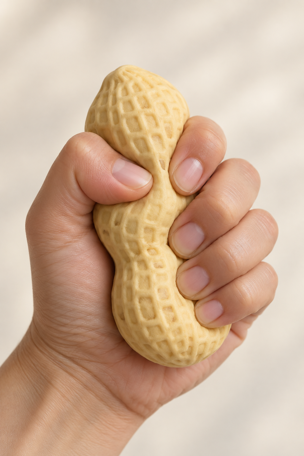 Hand drückt Peanut Taba Squishy zusammen