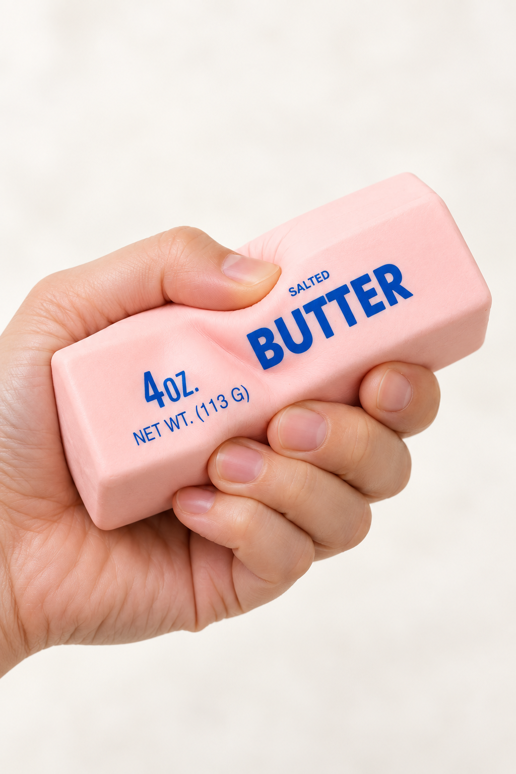 Hand drückt den gelben Butter Bar Squishy zusammen