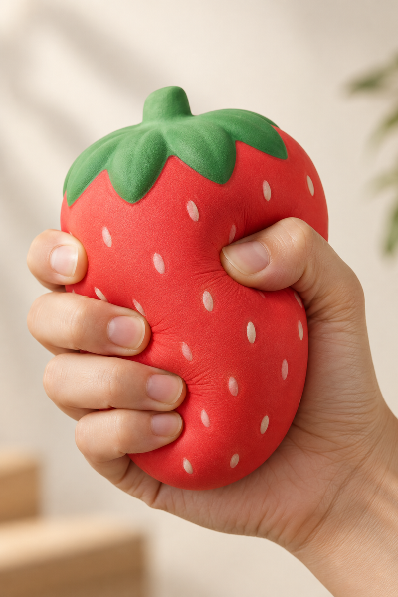 Hand drückt Jumbo Strawberry Squishy zusammen