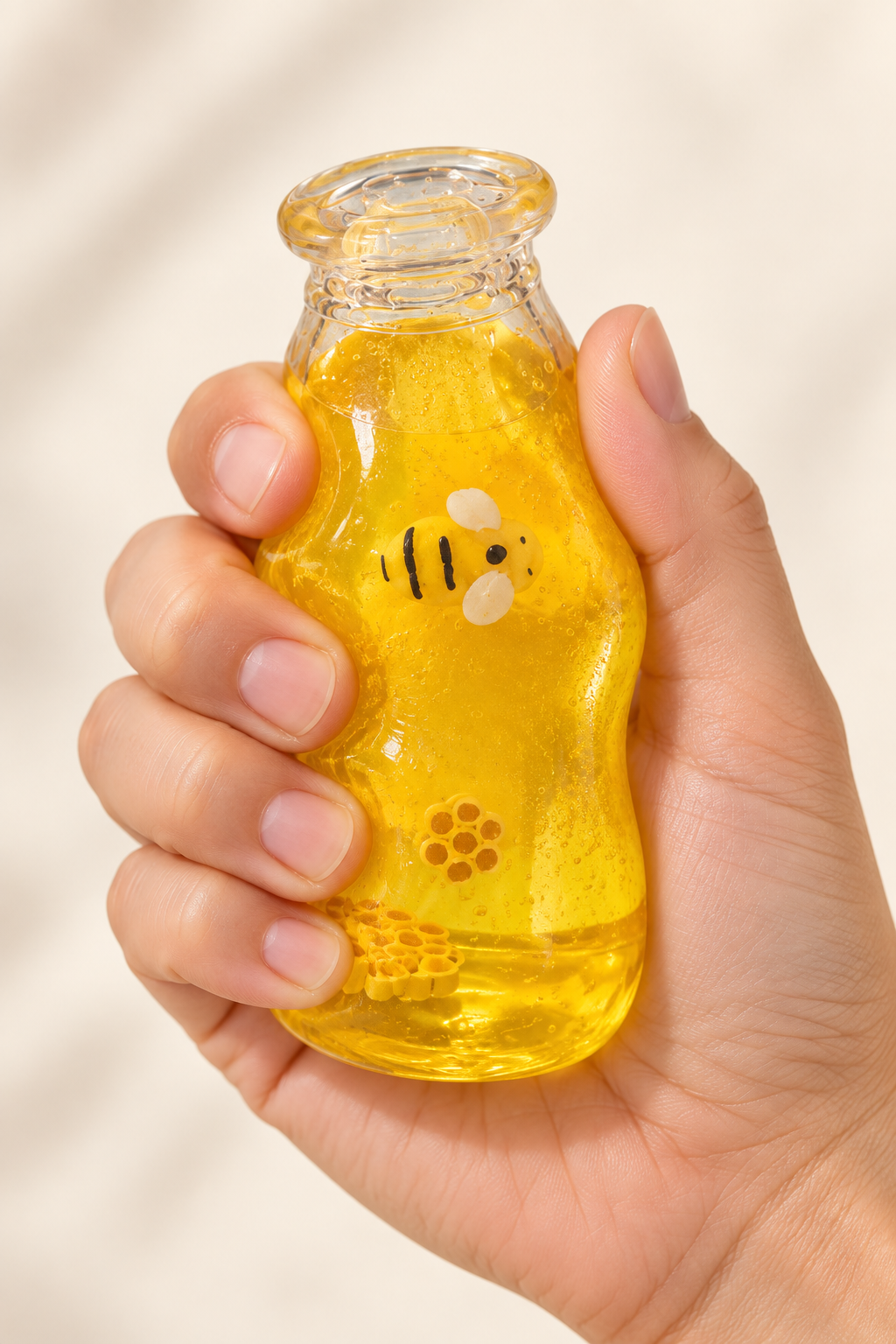 Hand drückt Honig Flasche Squish zusammen