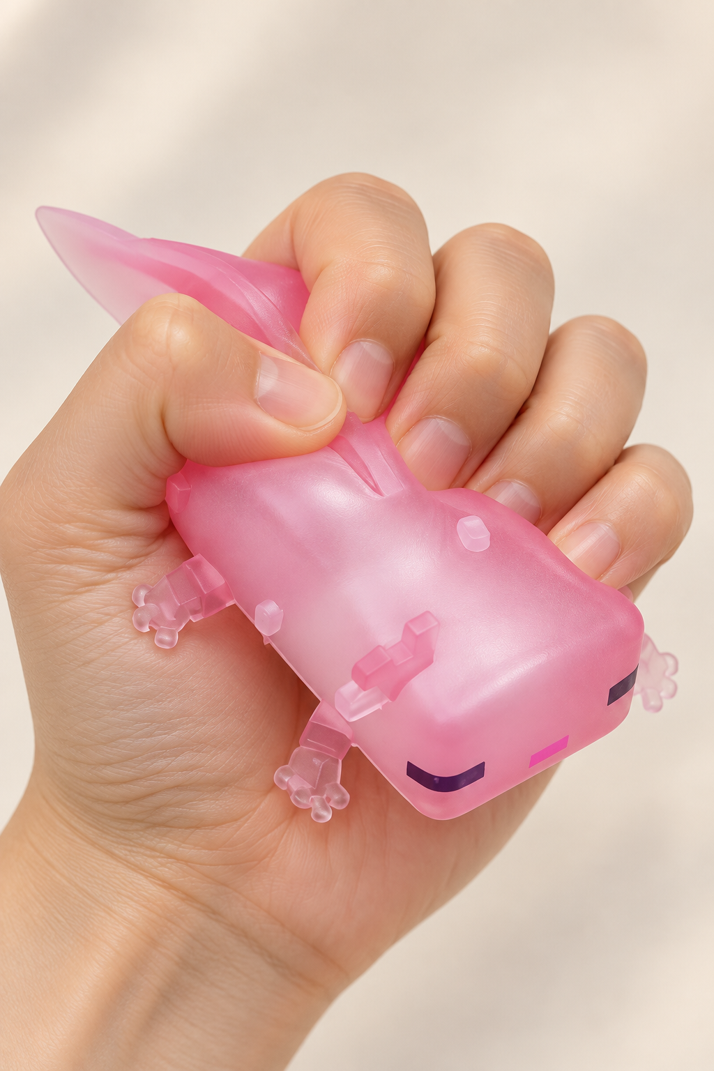Hand drückt Pixel Axolotl Squishy zusammen