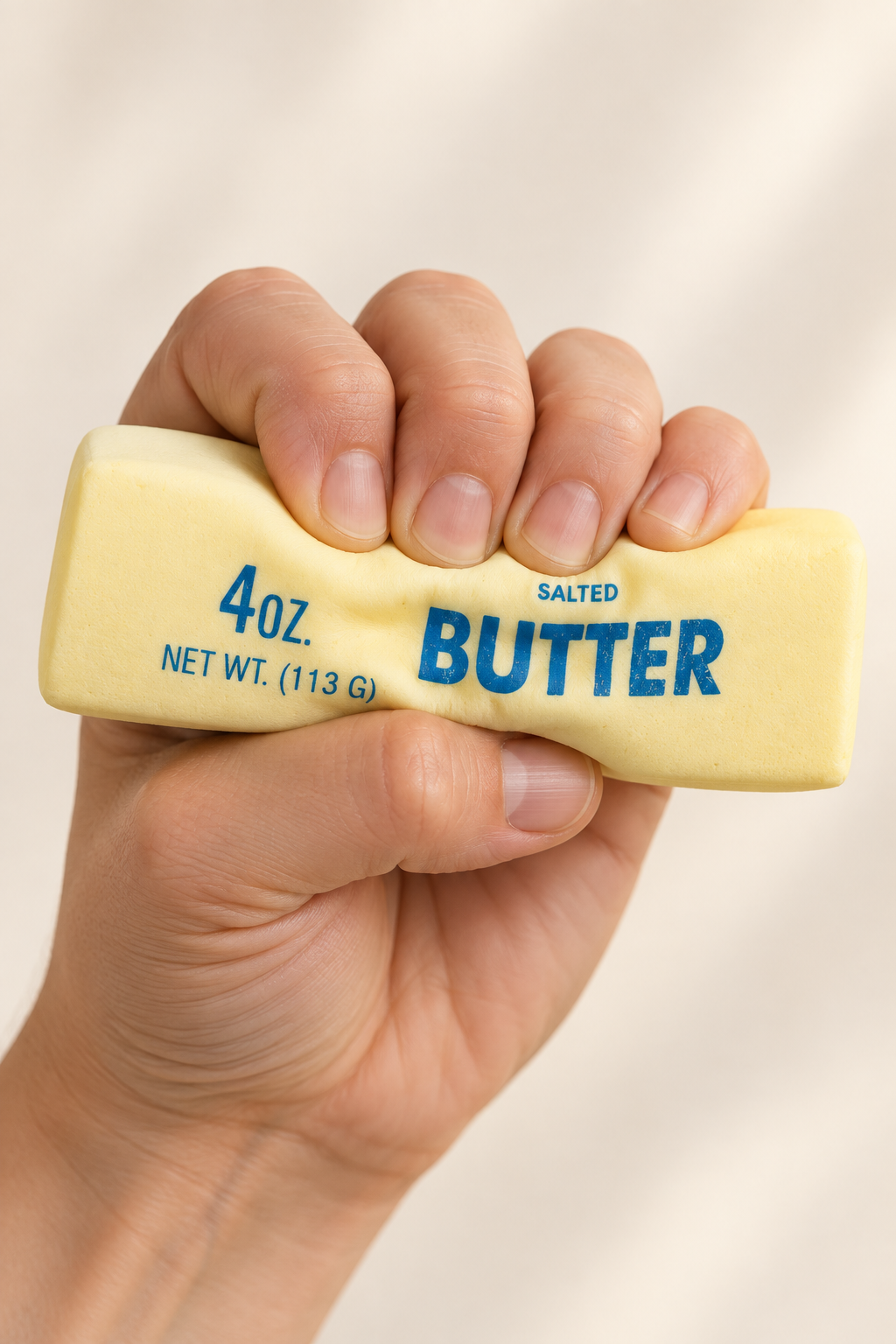 Hand drückt den Schmelzbutter Squish zusammen