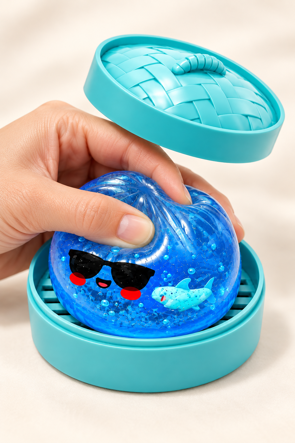 Hand drückt Glitzer-Dumpling Squishy – Slow Rise zusammen