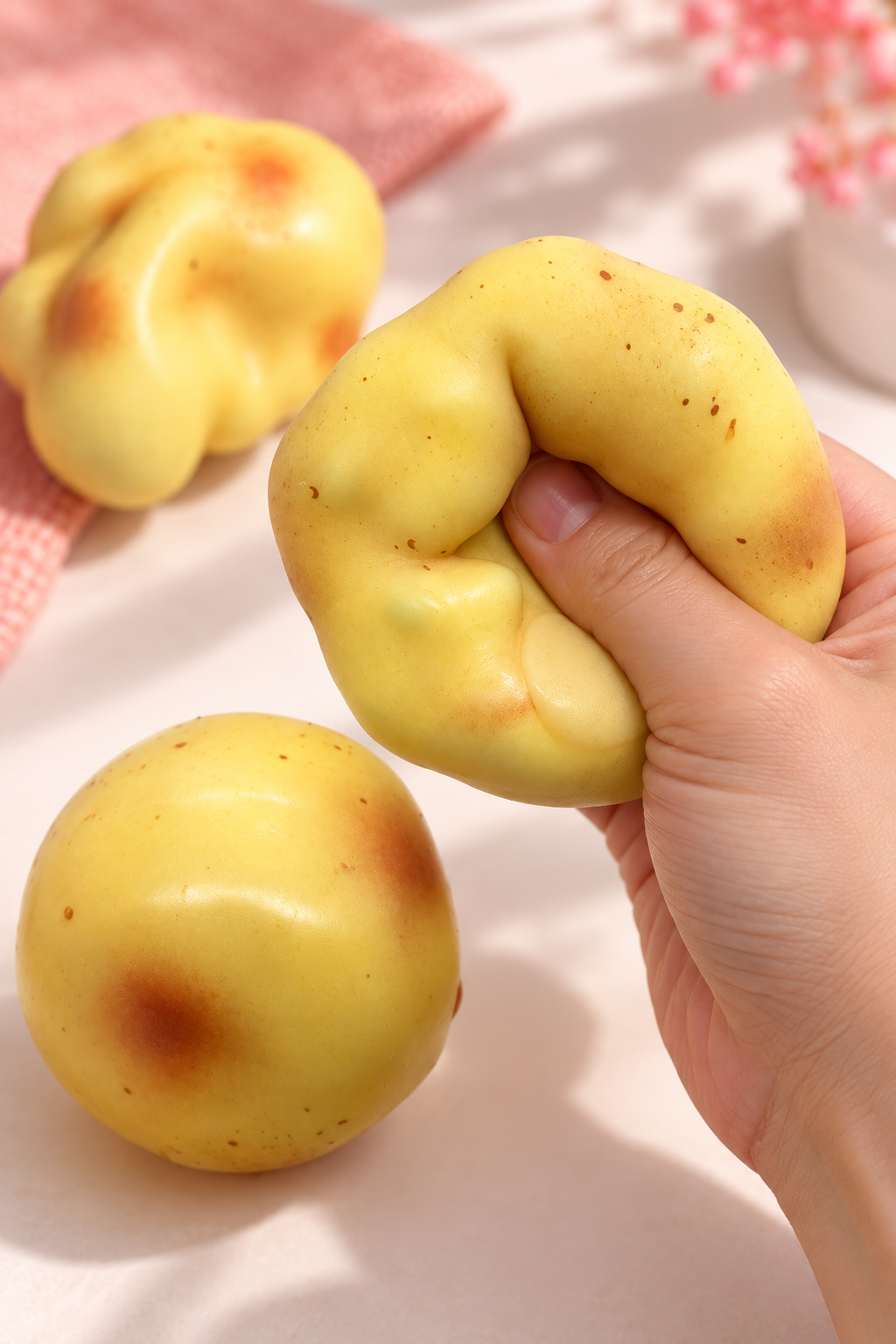 Hand drückt den Krispy Kartoffel Squishy zusammen
