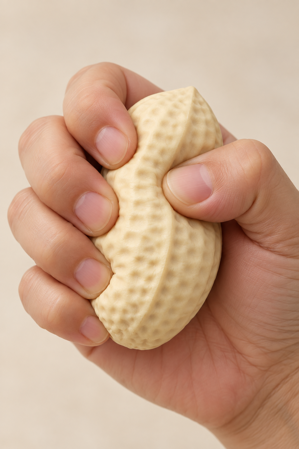 Hand drückt Erdnuss Squish Pod zusammen