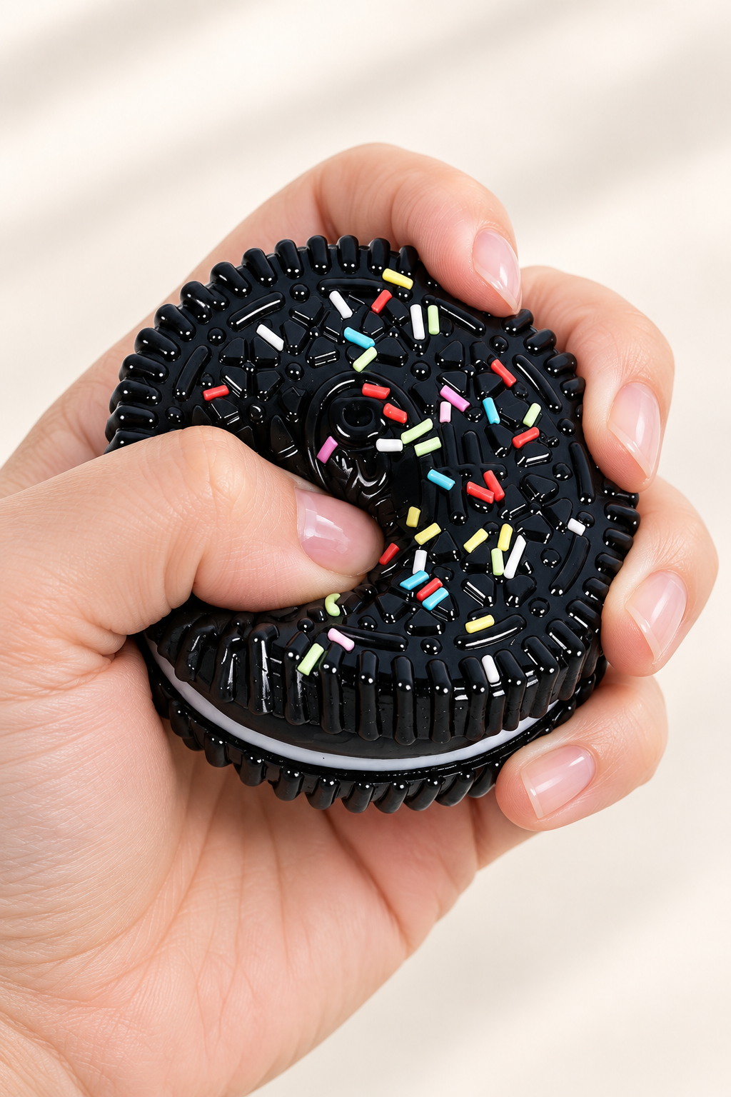 Hand drückt den Streusel Keks Squishy zusammen