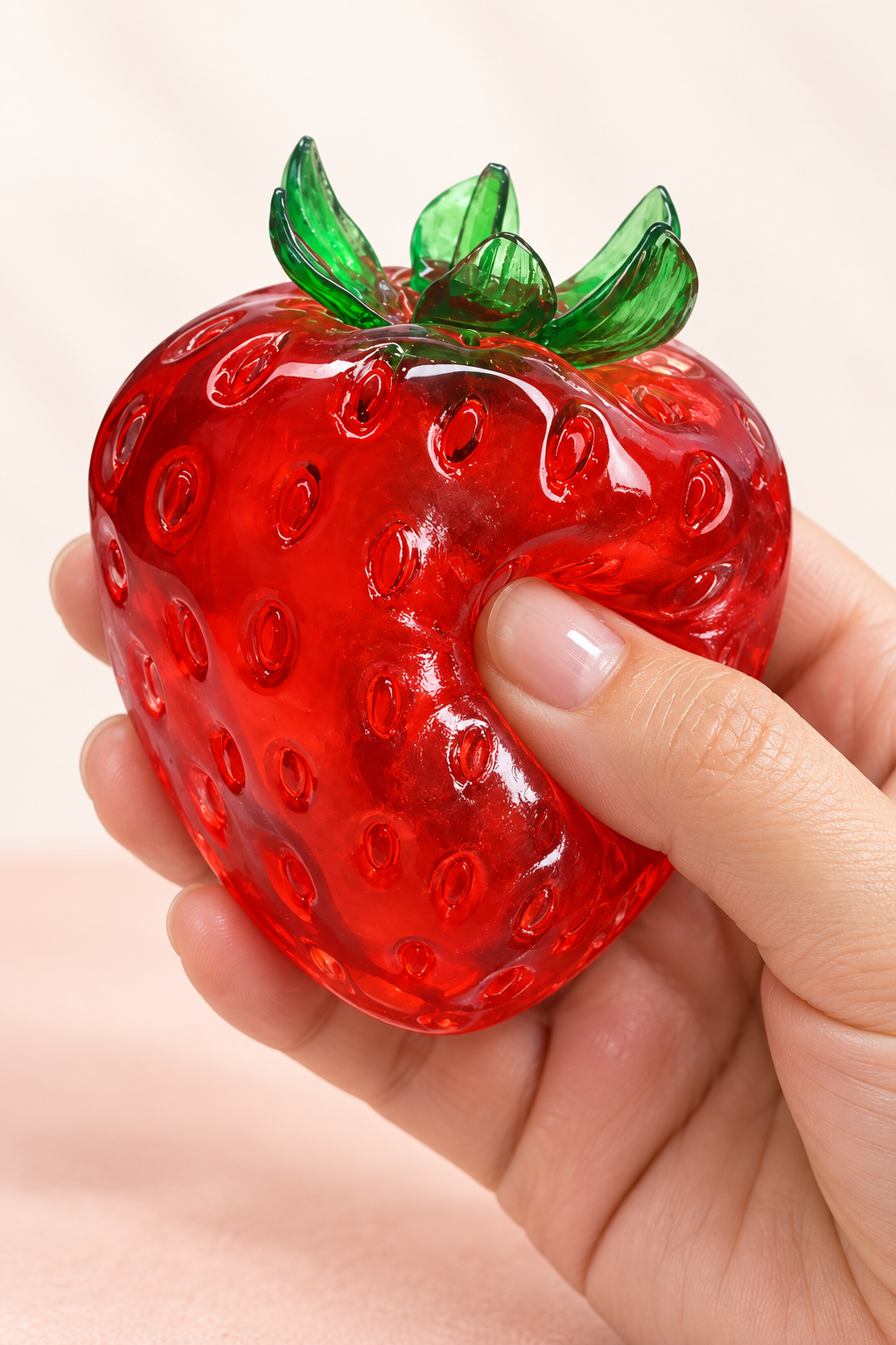 Hand hält den glänzenden Erdbeer Squishy Ball