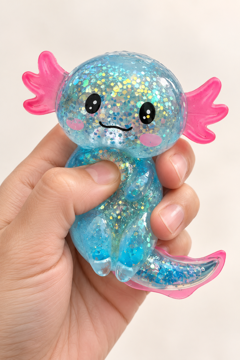 Hand drückt den Glibber-Axolotl Squish, Schwanzflosse und Kiemenäste sichtbar