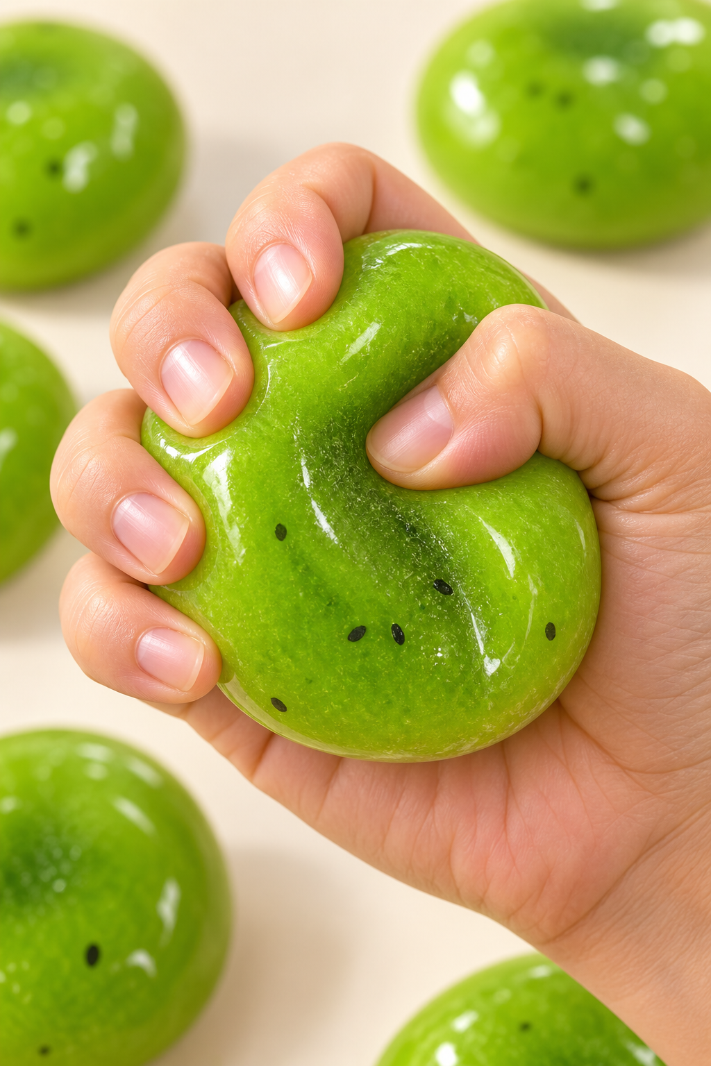 Hand drückt den kugelrunden Kiwi Slush Squishy.
