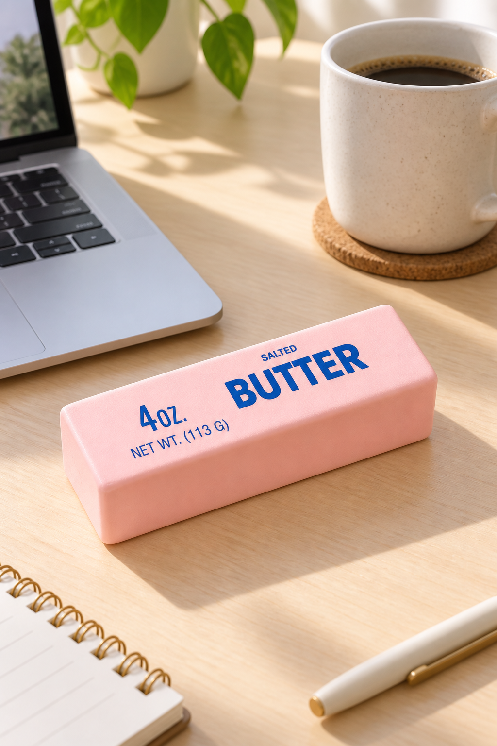 Butter Bar Squishy liegt auf einem Schreibtisch
