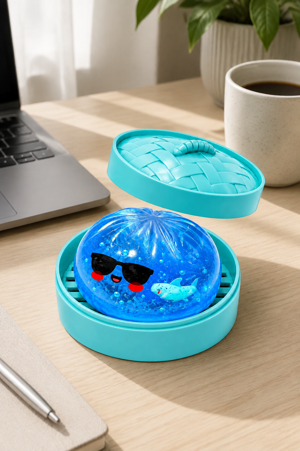 Glitzer-Dumpling Squishy – Slow Rise auf einem Schreibtisch