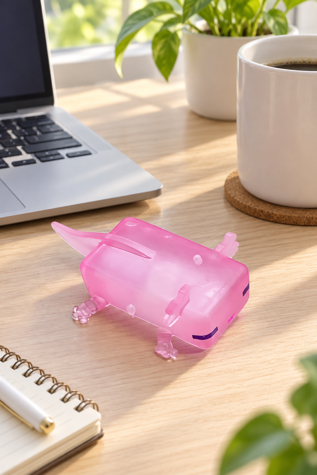 Pixel Axolotl Squishy auf einem Schreibtisch
