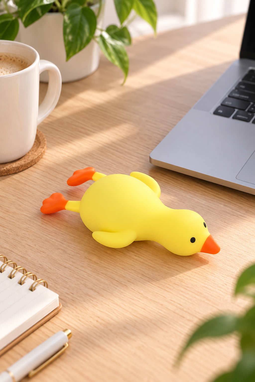Press-Ente XXL auf einem Schreibtisch