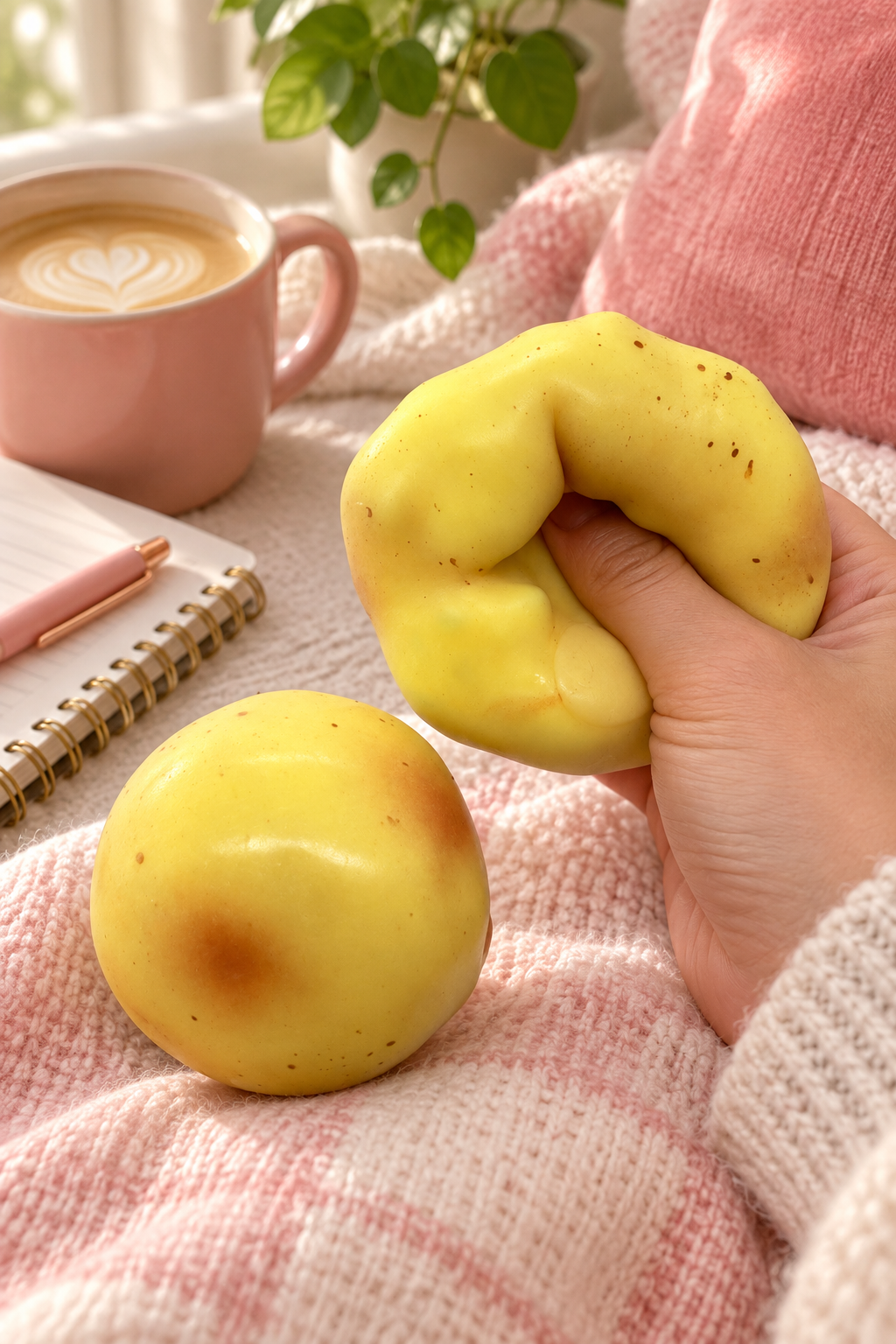 Krispy Kartoffel Squishy liegt auf einem Schreibtisch neben Alltagsgegenständen