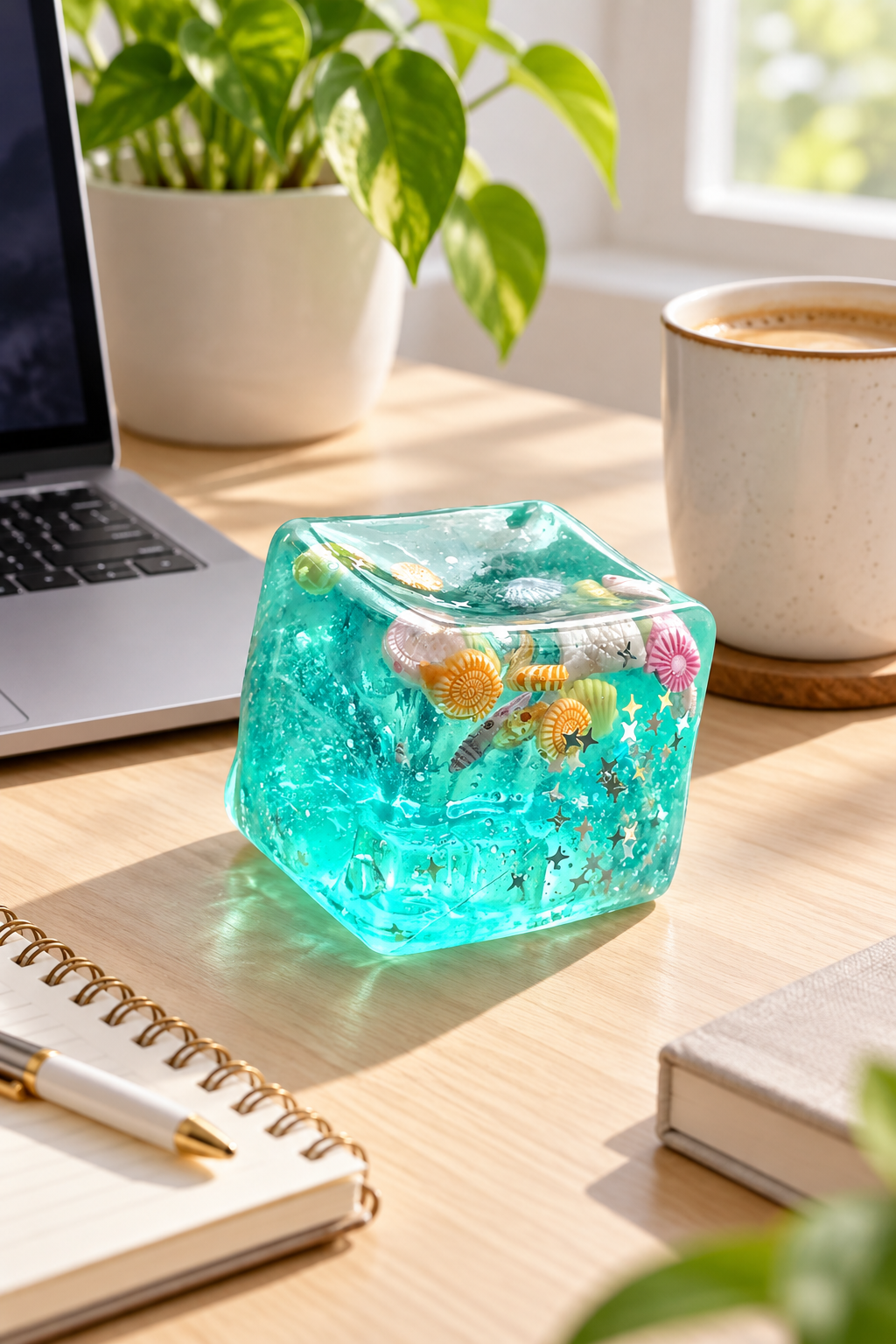 Ozean-Squishy-Würfel liegt auf Schreibtisch neben Tastatur und Notizblock