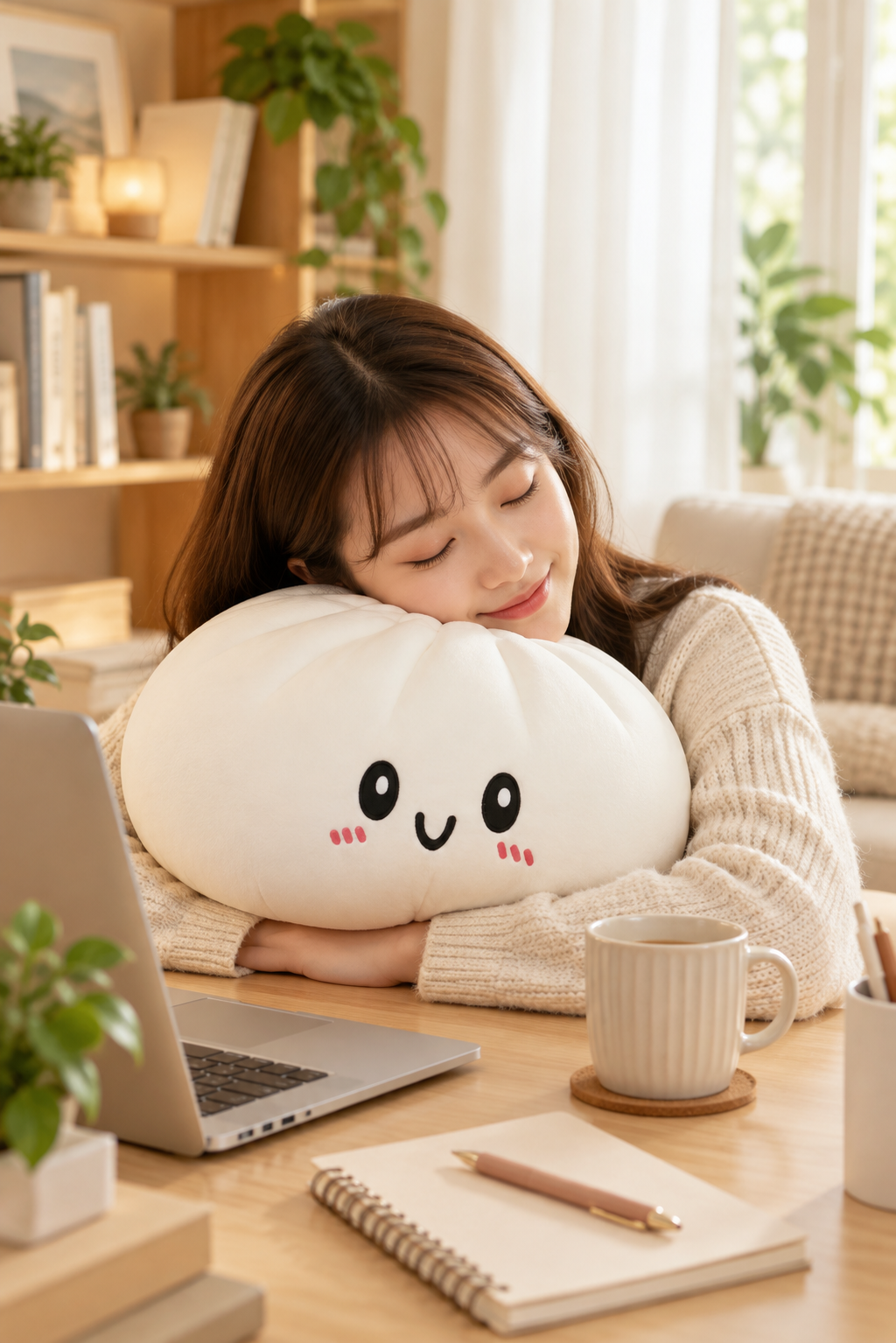 Baozi Squishy Kissen als Deko-Objekt auf dem Schreibtisch