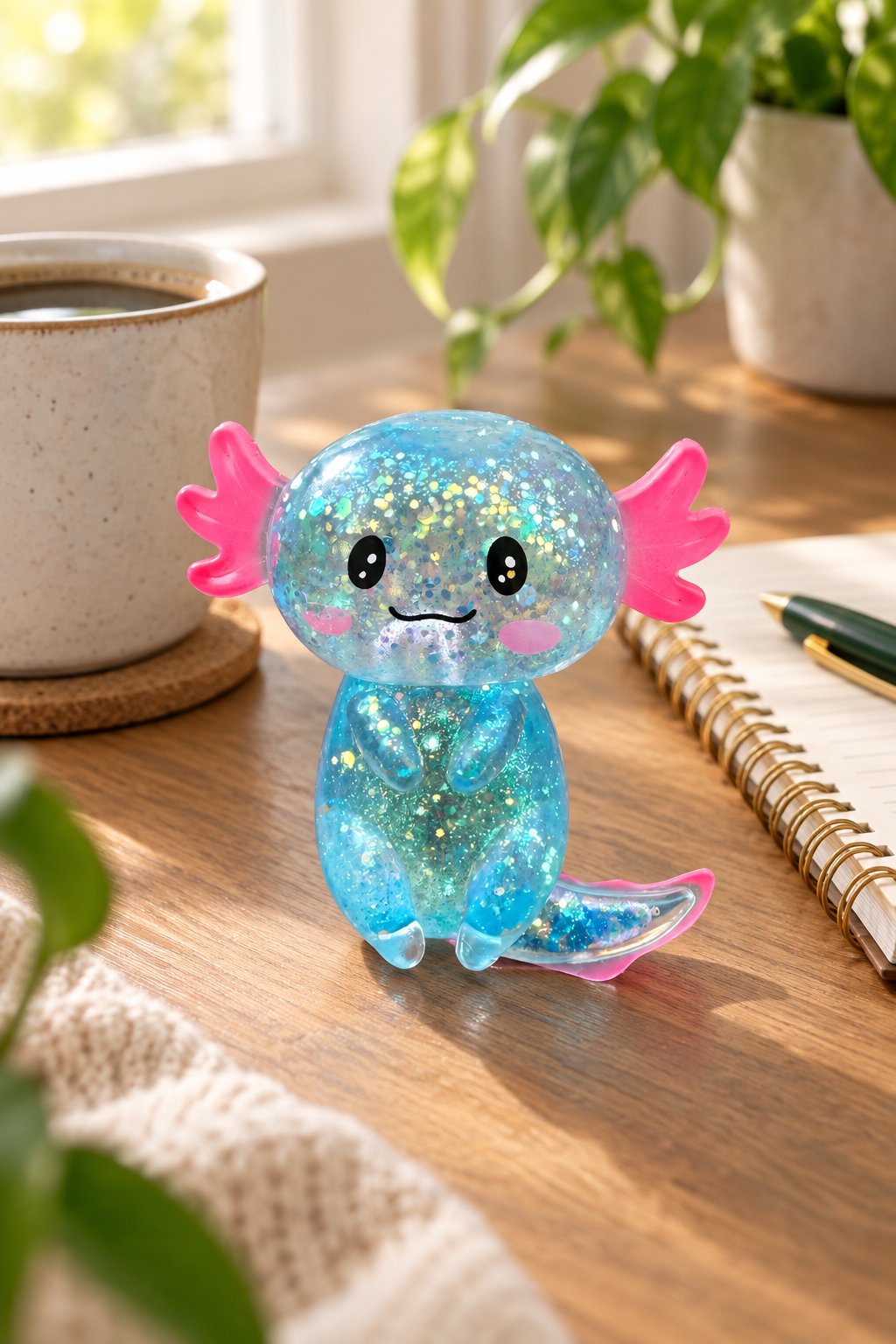 Glibber-Axolotl Squish liegt griffbereit auf dem Schreibtisch neben Laptop und Kaffeetasse