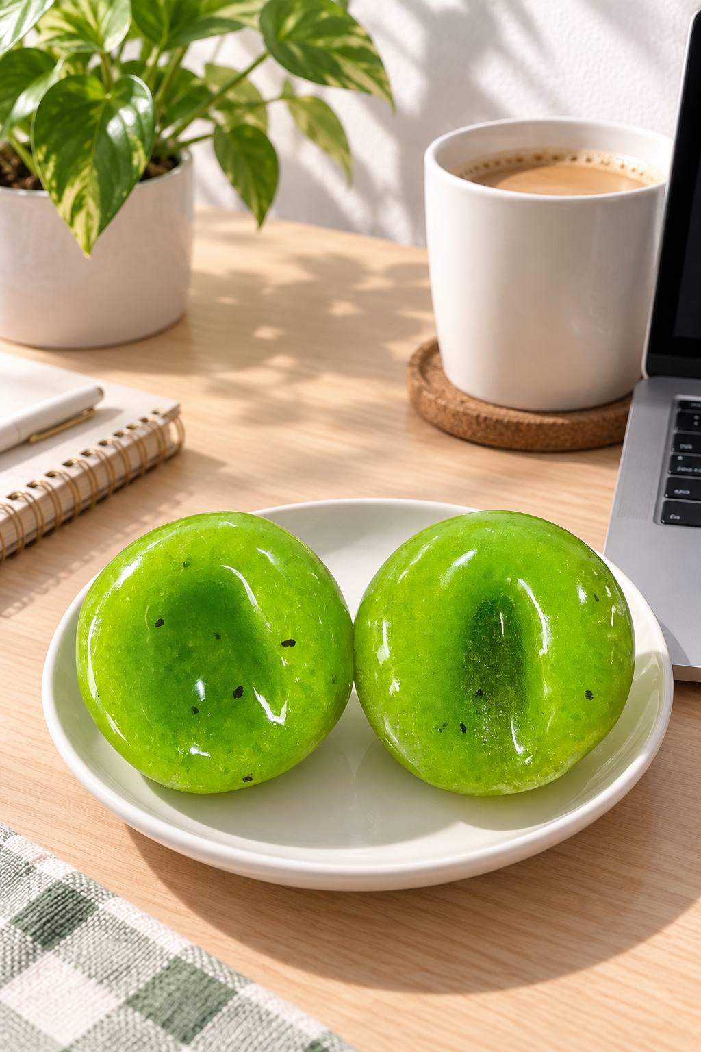 Kiwi Slush Squishy als Deko-Objekt auf einem Schreibtisch.